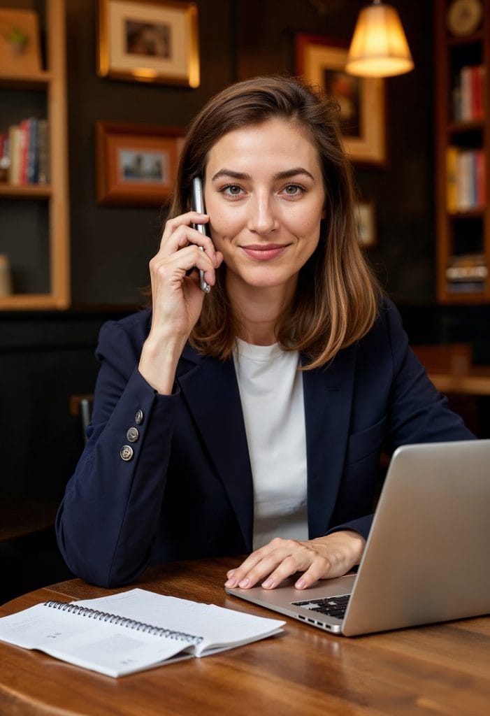 Na zdjęciu widać młodą kobietę w granatowej marynarce, siedzącą przy stole na którym leży laptop, dzwoniącą z telefonu komórkowego do odszkodowania kalisz i patrzącą w obiektyw.