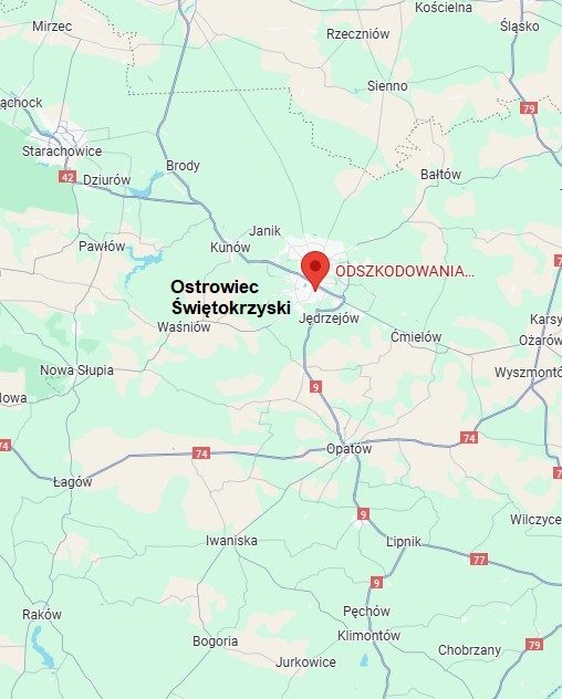 Na zdjęciu widac mapkę z lokalizacją miejsc działalności firmy odszkodowania ostrowiec świętokrzyski.