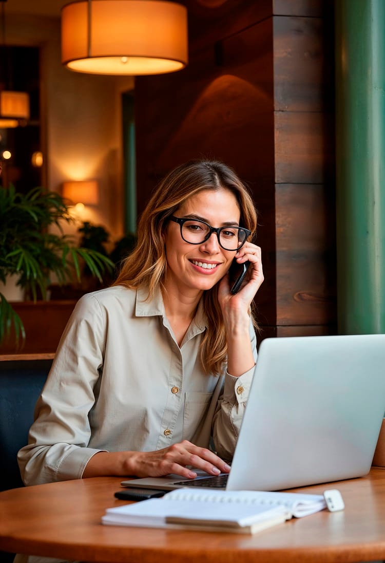 Na zdjęciu widać młodą ładną kobietę siedzącą przy stole z laptopem i rozmawiającą przez smartfon o tym gdzie sa odszkodowania racibórz?