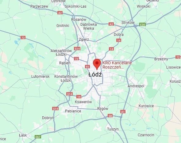 Na zdjęciu widać mapę miasta Łódź z określoną lokalizacją KRO Kancelarie Roszczeń Odszkodowawczych które oczekują na kontakt od klientów.