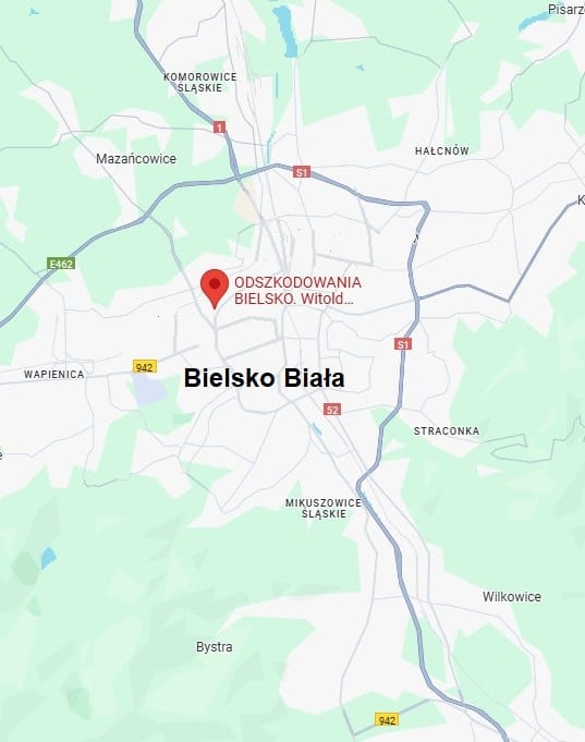 Na zdjęciu widzimy mapę, na której centralnej części jest miasto Bielsko - Biała i oznaczona lokalizacja firmy Odszkodowania Bielsko.