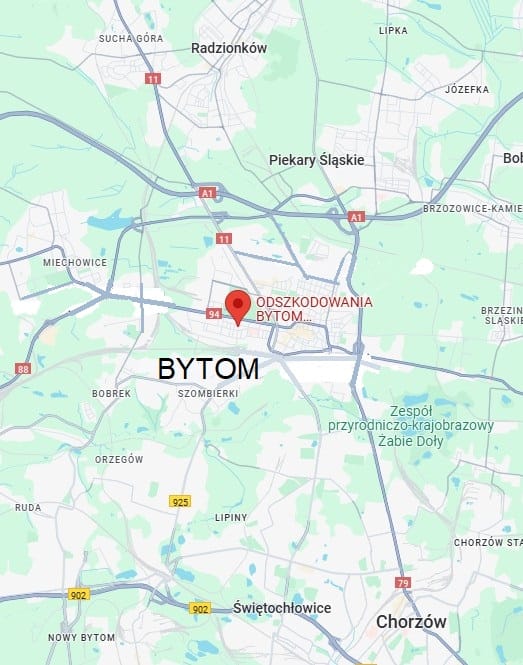 Na zdjęciu widać mapę miasta Bytom wraz z zaznaczoną lokalizacją kancelarii która prowadzi odszkodowania bytom.