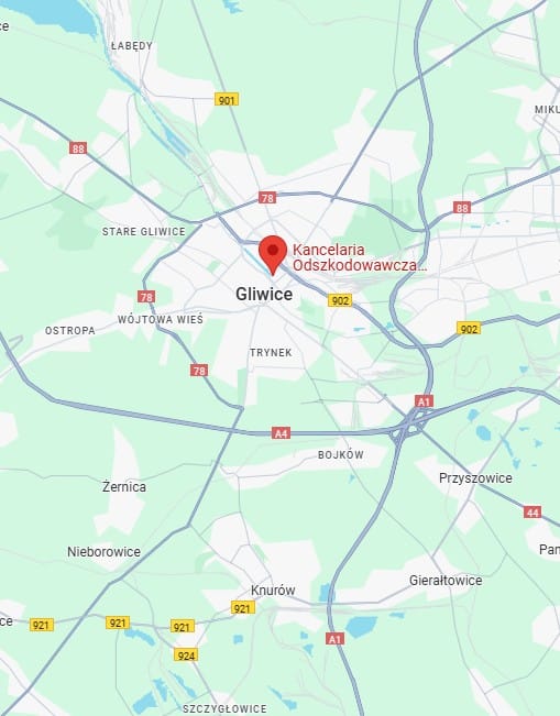 Na zdjęciu widać mapę na której jest miasto Gliwice wraz z zaznaczoną lokalizacją firmy Odszkodowania Gliwice.