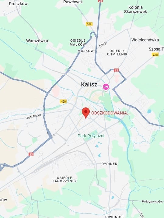 Na zdjęciu widać mapę z zaznaczoną lokalizacją kancelarii która nazywa sie odszkodowania Kalisz.