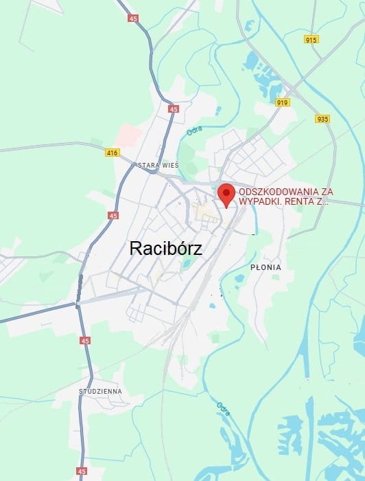 Na zdjęciu widać mapę z zaznaczonym miastem Racibórz oraz określoną lokalizacją firmy odszkodowania Racibórz.