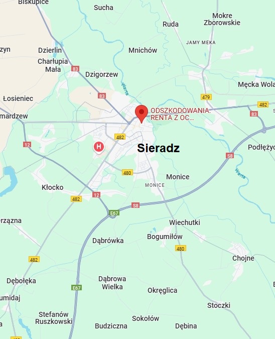 Na zdjęciu widać mapę, w której centrum znajduje się miasto Sieradz, a na nim zaznaczona lokalizacja firmy Odszkodowania Sieradz.