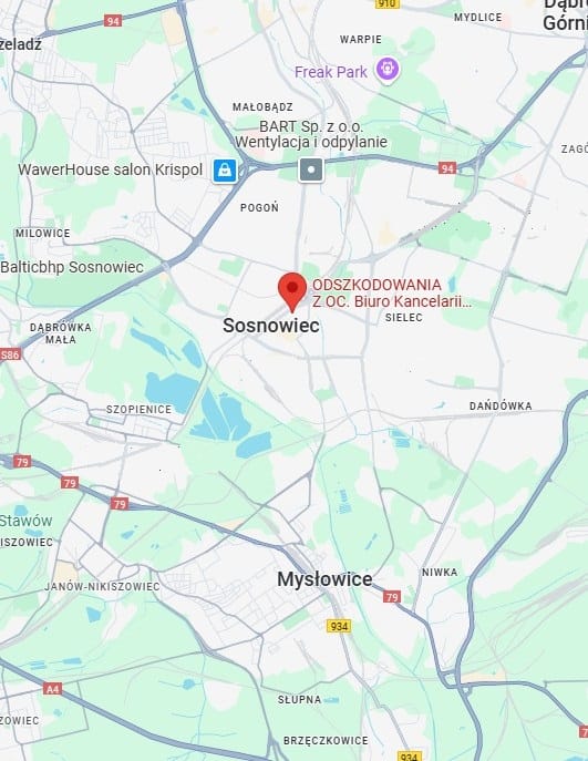 Na zdjęciu widać marę z miastem Sosnowiec na której jest wskazana lokalizacja firmy – Odszkodowania Sosnowiec.
