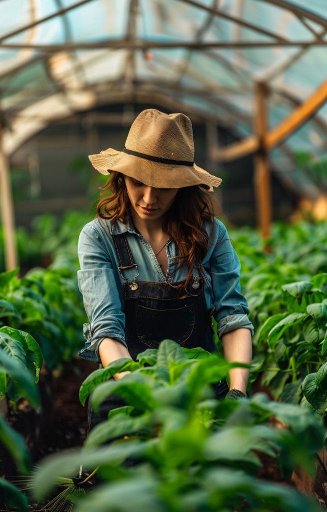 Na zdjęciu widać młodą kobietę ubraną w strój roboczy i kapelusz jak dogląda krzaków pomidorów w tunelu foliowym myśląc przy tym jak przedstawić odszkodowania za wypadek w rolnictwie.