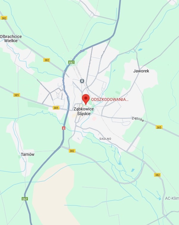 Na zdjęciu widać mapę, w której centralną część zajmuje miasto Ząbkowice Śląskie wraz ze wskazaną dokładną lokalizacją firmy  – Odszkodowania Ząbkowice Śląskie.