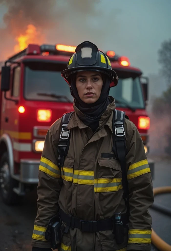 Na zadjęciu widać kobietę w stroju strażaka stojącą przodem do obiektywu na tle wozu strażackiego myślacą o tym jak duże będą odszkodowania za szkody na mieniu.