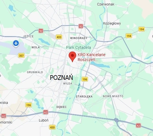 Mapka obrazująca lokalizację KRO Kancelarie Roszczeń Odszkodowawczych w Poznaniu