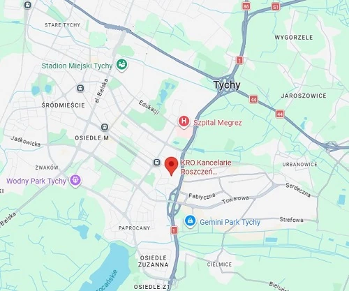 Na zdjęciu jest mapka z lokalizacją kancelarii KRO Tychy i jestpokazany kontakt z nimi