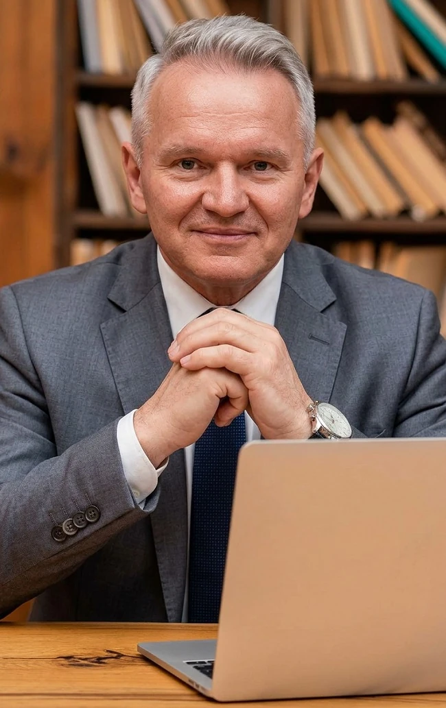 Na zdjeciu starszy mężczyzna siedzi przy biurku z laptopem i uśmiechnięty patrzy w obiekty myśląc gdzie są odszkodowania katowice.