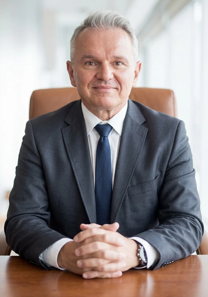 Na zdjęciu w lokalizacji odszkodowania tychy siedzi przed laptopem i z zachęcającym uśmiechem patrzy w obiektyw