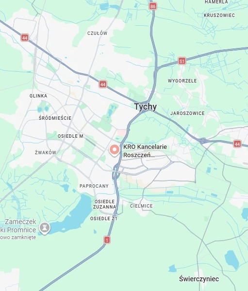 Na zdjęciu jest prezentowana lokalizacja firmy odszkodowania tychy na mapie