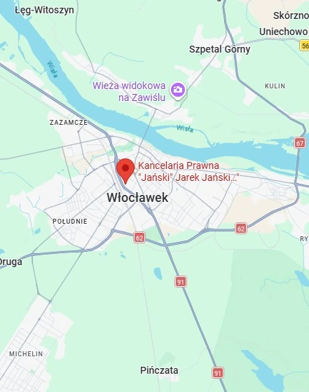 Na zdjęciu widac mapke z zaznaczoną lokalizacją kancelarii odszkodowawczej Odszkodowania Włocławek.