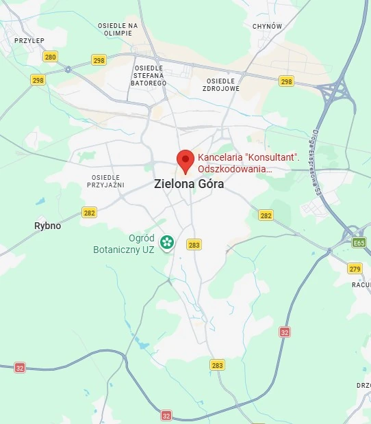 Na zdjęciu widać mapke z zaznaczonąlokalizacją firmy Odszkodowania Zielona Góra.