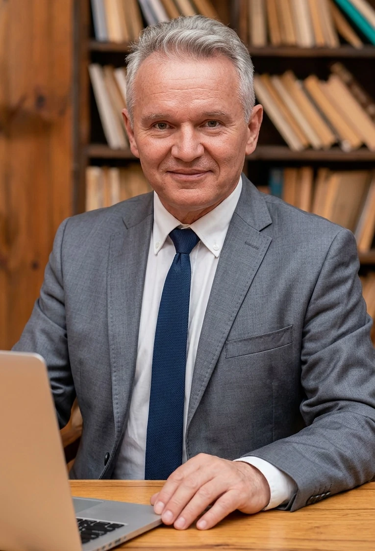 Na zdjęciu widać prawnika w bibliotece który zastanawia się gdzie jest firma _ Odszkodowania z OC Dabrowa Gornicza