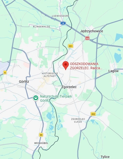 Na zdjęciu widać mapkę z zaznaczoną lokalizacją firmy odszkodowania zgorzelec